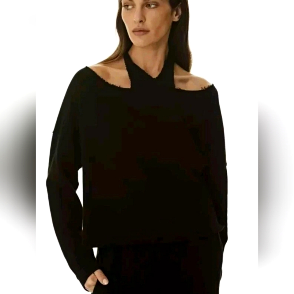 Lanston Halter Pullover Black French Terry Long Sleeve Large Nwt $143 Msrp